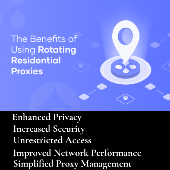 The benefits of using rotating residential proxies, with a central location pin icon.