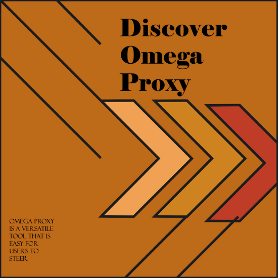 A promotional graphic with the text "Discover Omega Proxy" and "Omega Proxy is a versatile tool that is easy for users to steer" on a brown background with arrow designs.