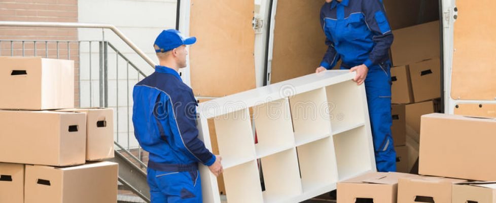movers-unloading-furniture-truck-young-male-cardboard-boxes-street-77511949
