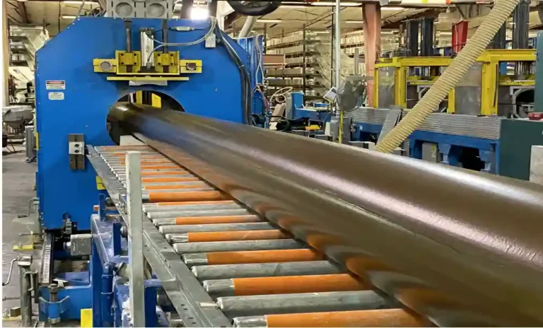 Industrial pultrusion machine producing FRP walkway profiles in a factory setting