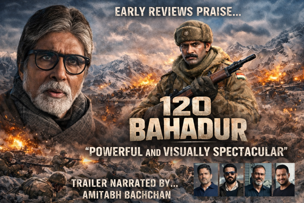 War film poster showing two central characters against a snowy mountain battlefield, explosions in the background, with the title “120 Bahadur” and the tagline “Powerful and Visually Spectacular.”