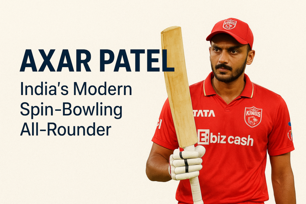 Axar Patel in Punjab Kings jersey holding a cricket bat, showcasing India’s modern spin-bowling all-rounder in IPL cricket