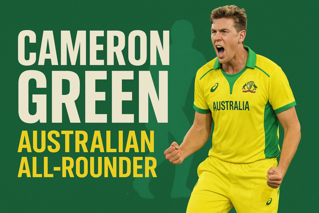 Action image of Cameron Green in Australia’s yellow cricket uniform celebrating as an all-rounder on a green background with bold text.