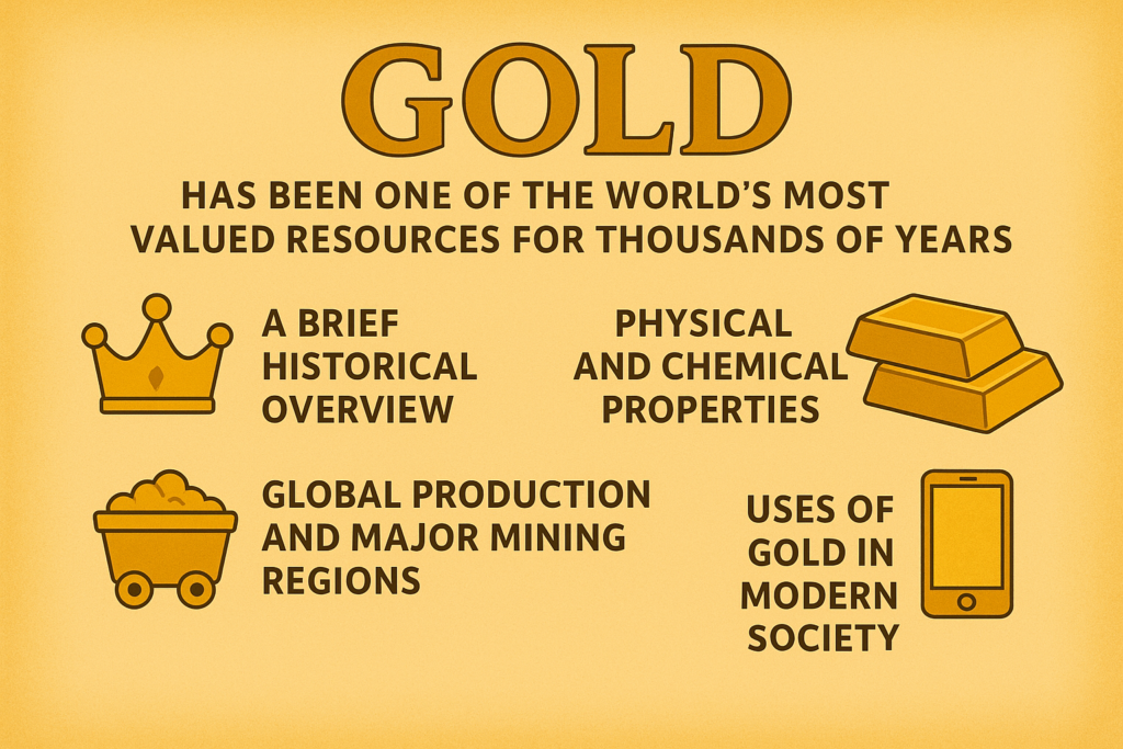 An infographic titled "GOLD" showing icons and headings about gold’s history, properties, global production, and modern uses on a golden textured background.
