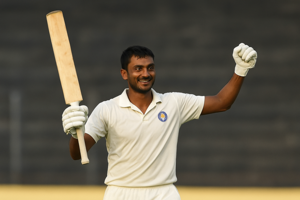Axar Patel celebrating a Ranji Trophy innings for Gujarat with raised bat