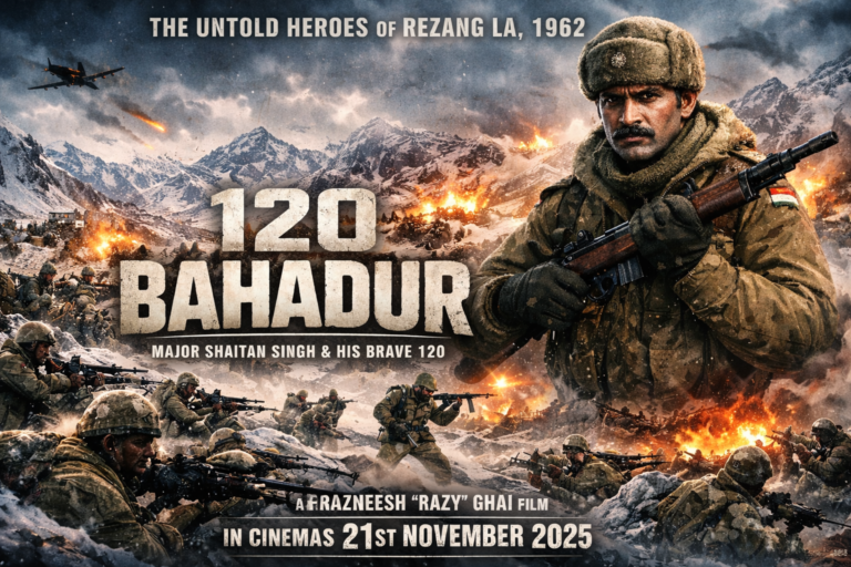Official poster of 120 Bahadur showing Major Shaitan Singh Bhati leading Indian soldiers during the 1962 Battle of Rezang La in Ladakh.
