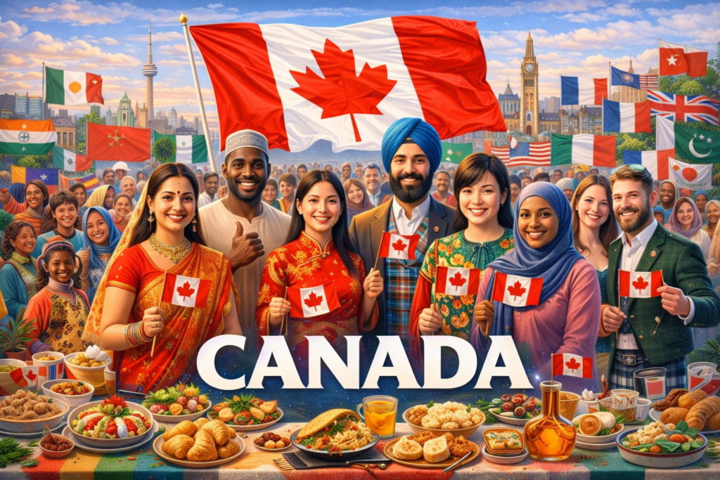 A diverse group of people from different cultures holding Canadian flags, celebrating multiculturalism in Canada with global foods and national symbols in the background.