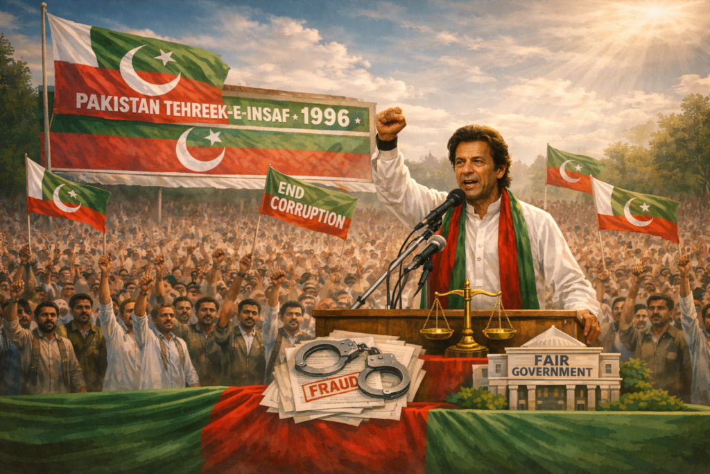 Imran Khan speaking at a PTI rally with anti-corruption banners, justice scales, and fair government symbols in Pakistan.