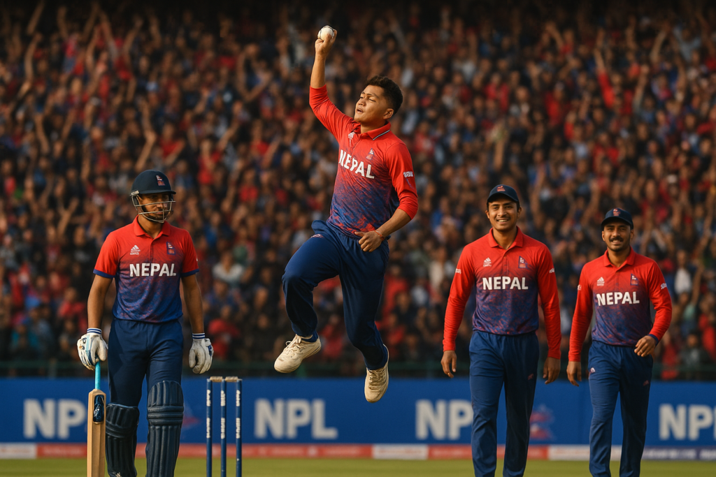 A group of Nepal cricket players celebrate on the field, with one bowler jumping in the air holding the ball as a packed stadium of cheering fans fills the background.