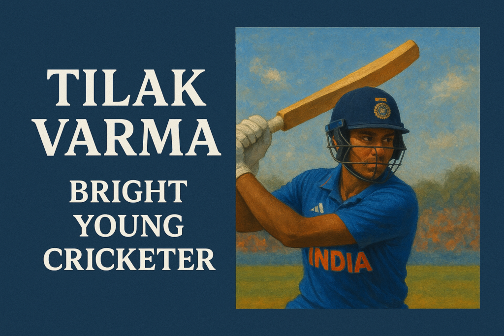 Digital artwork of Indian cricketer Tilak Varma playing a cover drive, featuring bold text “Tilak Varma – Bright Young Cricketer” on a blue background.