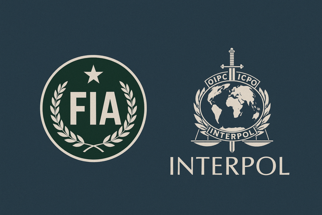 FIA and Interpol logos side by side, representing Pakistan’s role as the National Central Bureau in global law enforcement cooperation.