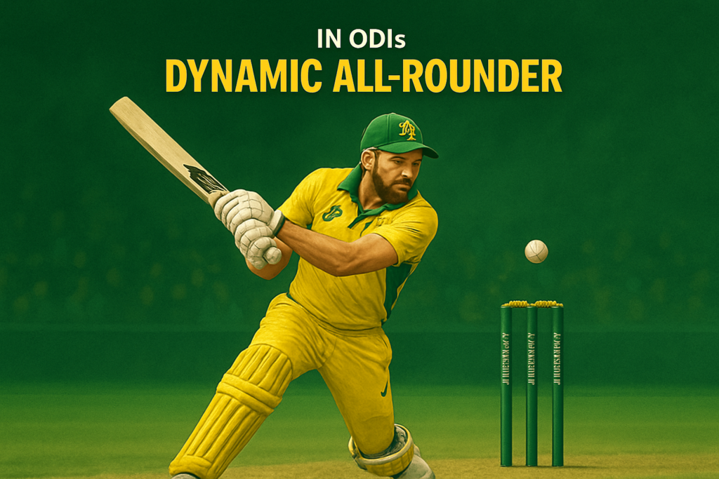 Illustration of an Australian ODI all-rounder playing a dynamic batting shot on a cricket field, wearing yellow kit with green cap in a landscape layout.