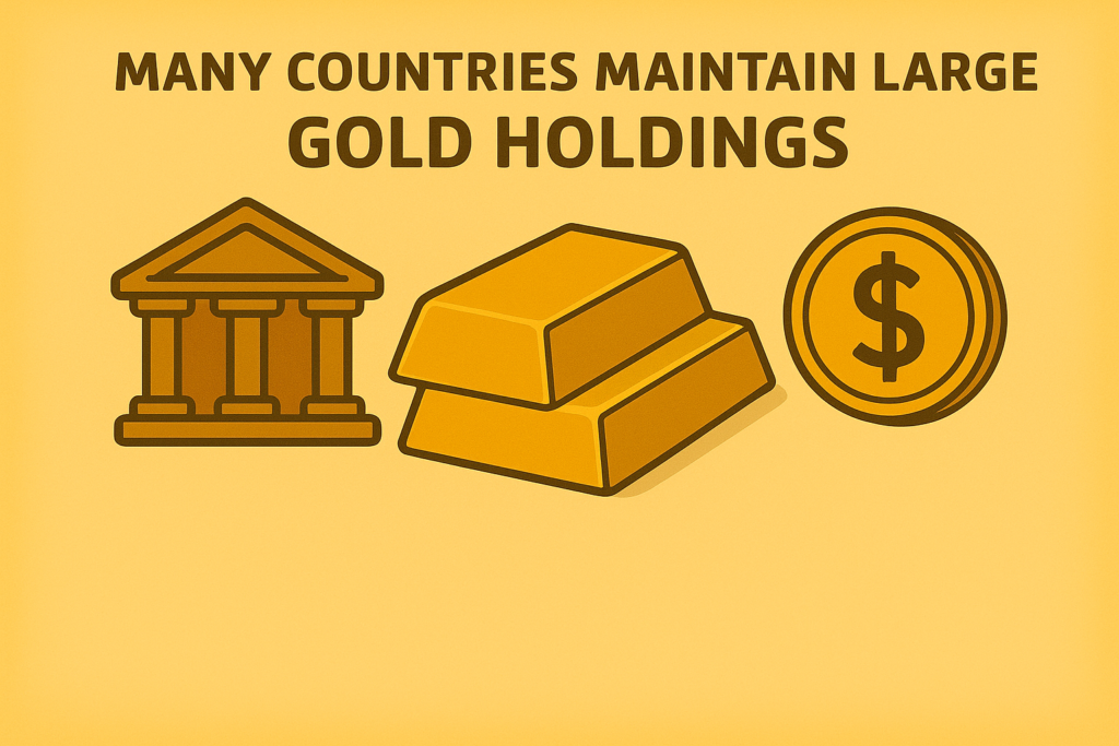 Illustration showing a bank building, gold bars, and a dollar coin symbolizing national gold holdings and financial stability.