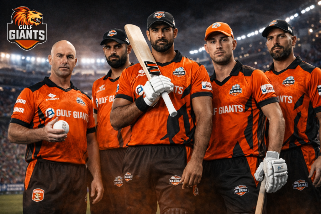 Gulf Giants players in orange jerseys stand together showing team strength during an ILT20 match