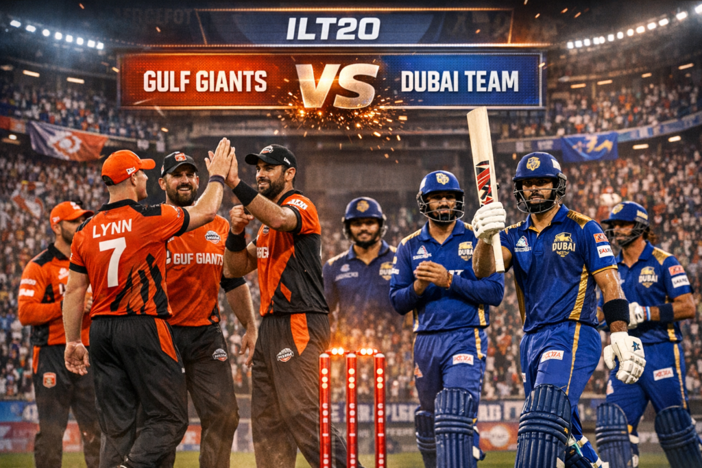Gulf Giants players celebrate a wicket as Dubai Capitals batsman raises his bat during an intense ILT20 match