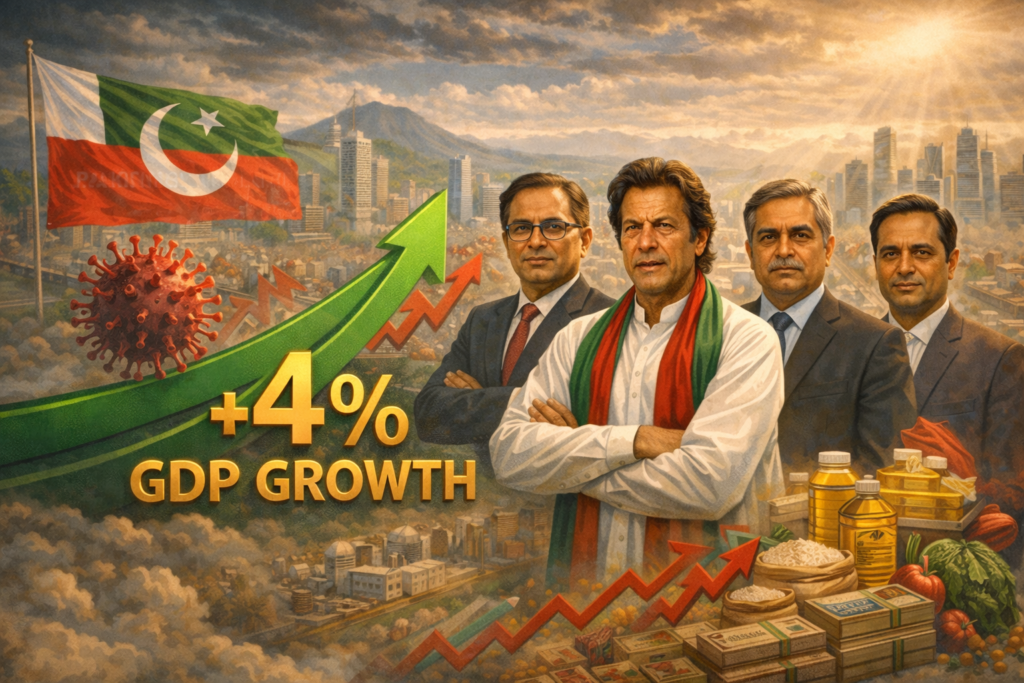Imran Khan stands with his economic team as graphics show Pakistan targeting over 4 percent GDP growth despite COVID-19 and rising global prices.