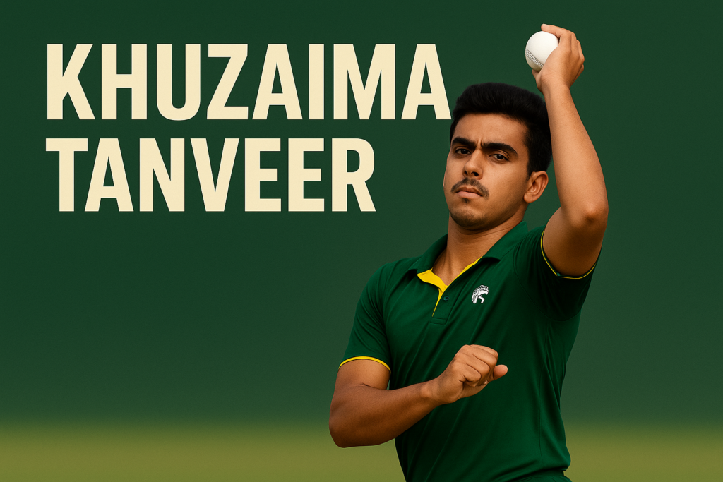 Young fast bowler Khuzaima Tanveer in a green cricket jersey preparing to deliver a ball against a plain green background.