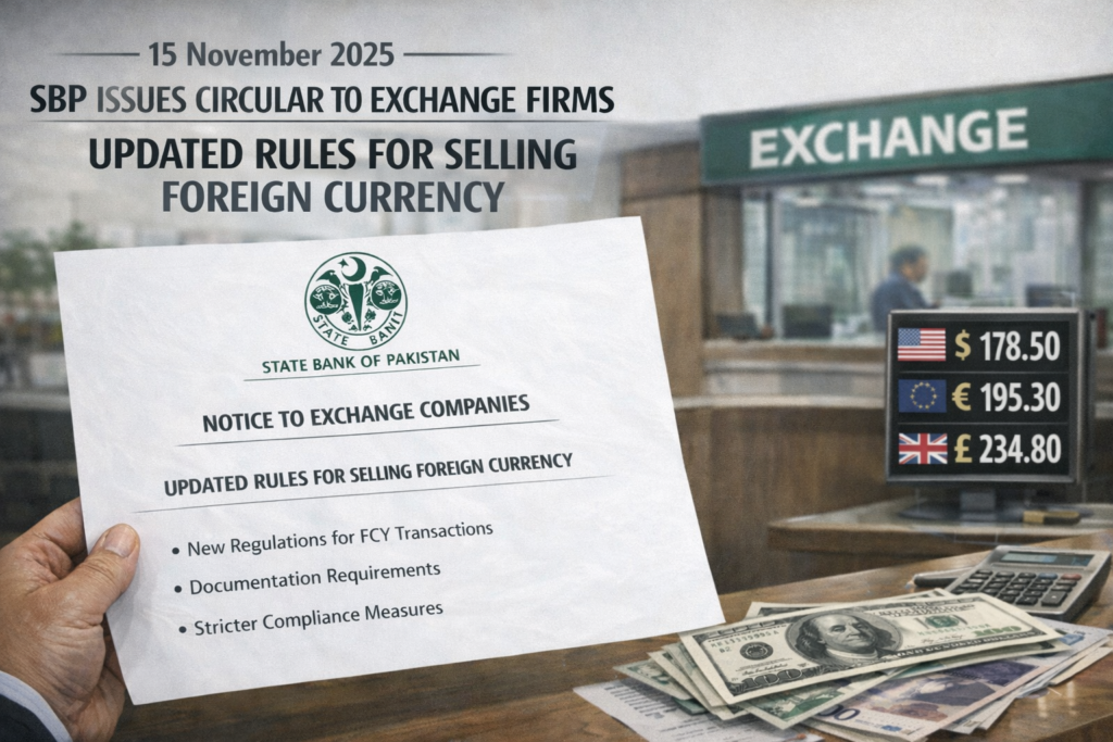 State Bank of Pakistan circular displayed at an exchange counter announcing updated foreign currency selling rules and cash dollar limits on 15 November 2025