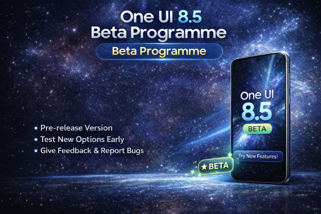 One UI 8.5 Beta Programme showing Samsung Galaxy phone with beta update and early access features