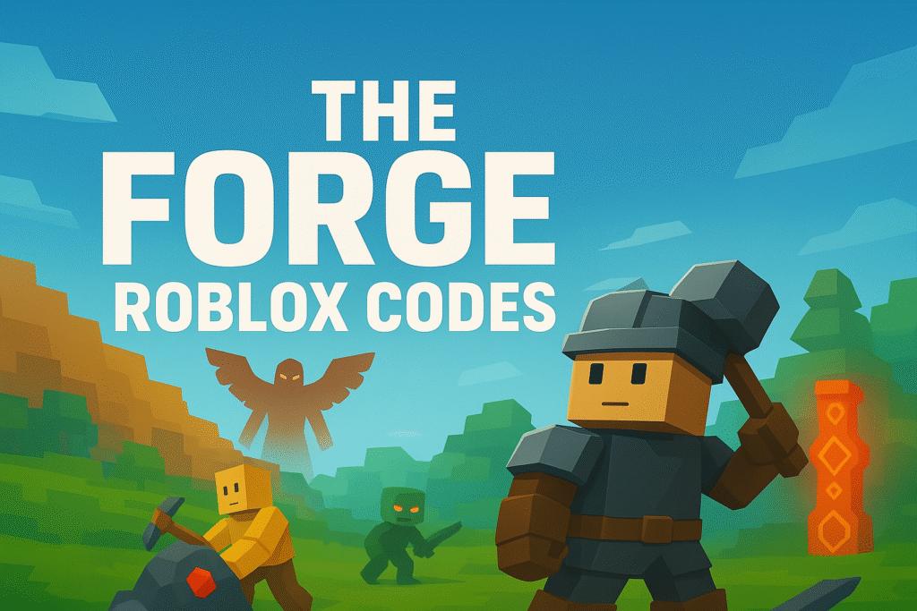 A landscape illustration showing a block-style warrior holding a hammer, a miner gathering ore, and fantasy creatures in a bright voxel world promoting The Forge Roblox game.