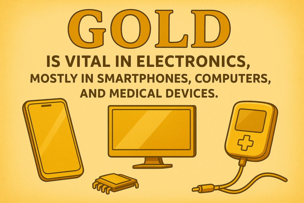 Infographic illustrating the importance of gold in electronics, displaying icons of a smartphone, computer monitor, microchip, and medical device on a golden background.