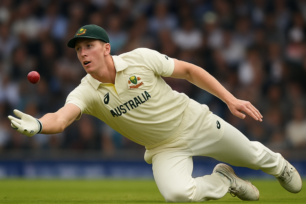 An Australian Test cricketer in cream uniform dives forward to attempt a catch as the red ball approaches.