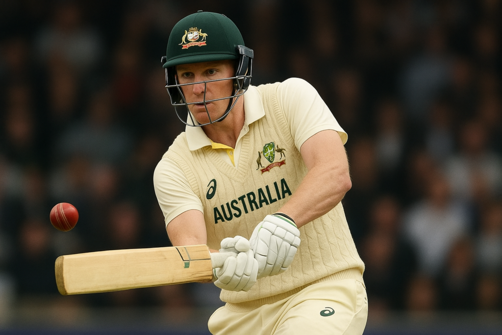 An Australian Test cricketer in cream uniform plays a controlled shot, focusing on a red cricket ball during a match.
