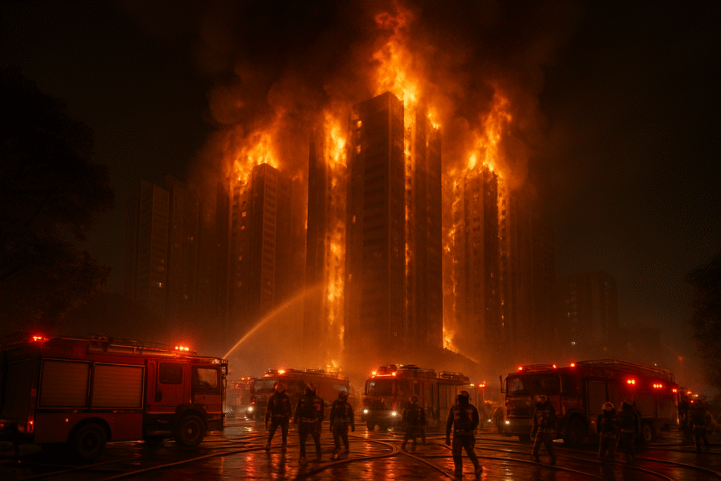 Firefighters and fire trucks respond at night as a tall residential building is engulfed in large flames and heavy smoke.