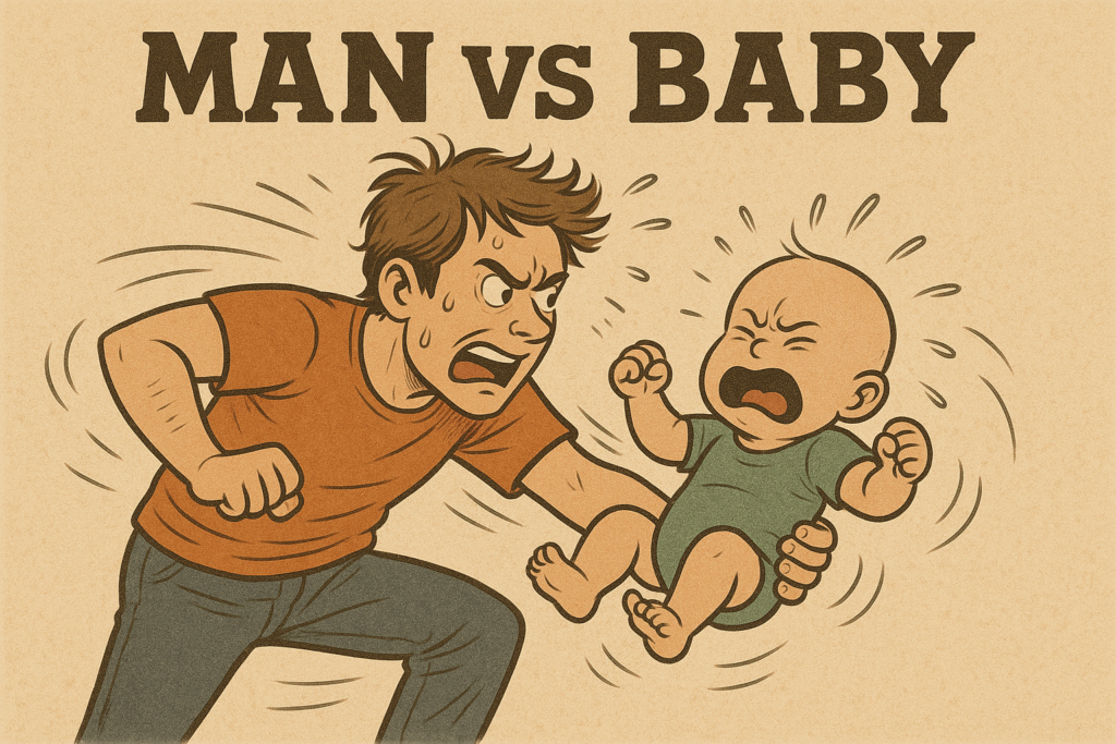 Illustration of a man and a crying baby in a humorous standoff, representing the chaos and challenges of caring for a baby.