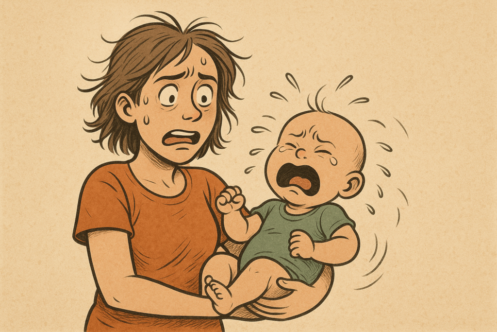 Illustration of a stressed adult holding a crying baby, showing the emotional challenge and chaos of caring for an infant.