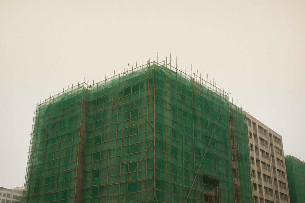 Building wrapped in green safety netting and bamboo scaffolding during renovation.