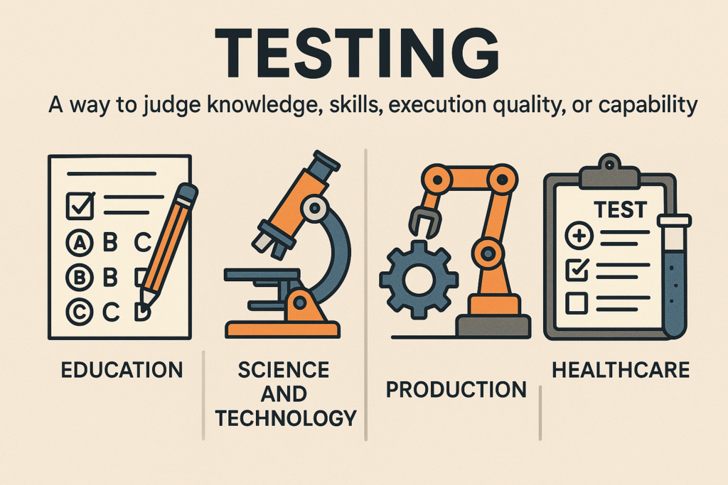 Infographic showing testing methods across education, science and technology, production, and healthcare with icons and evaluation symbols.