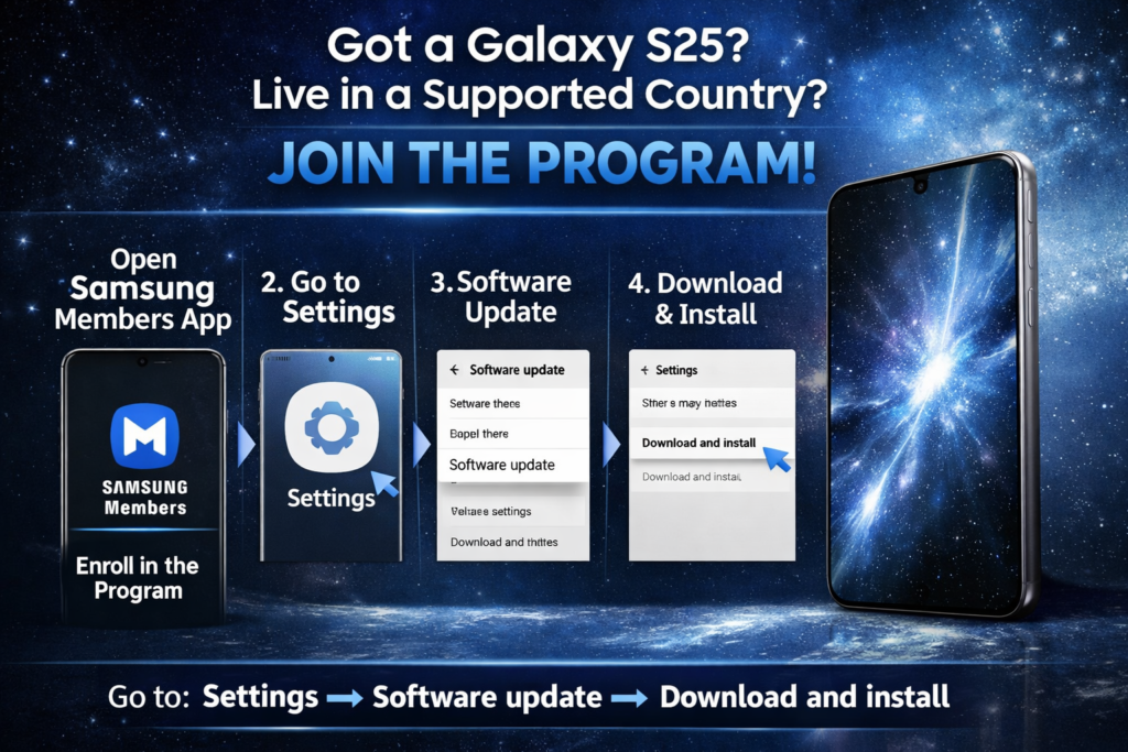 Galaxy S25 One UI beta programme enrollment steps shown on Samsung Members app and settings menu