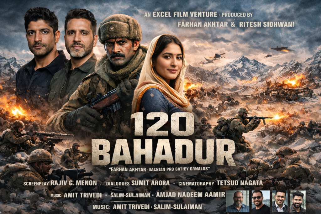 120 Bahadur movie poster featuring Farhan Akhtar as Major Shaitan Singh Bhati in a high-altitude battlefield