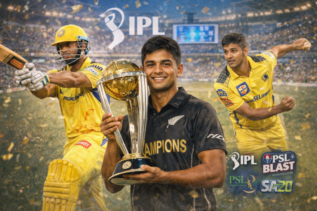 Rachin Ravindra holding the World Cup trophy, symbolizing his rise as a New Zealand cricket star and his impact in IPL and global T20 leagues