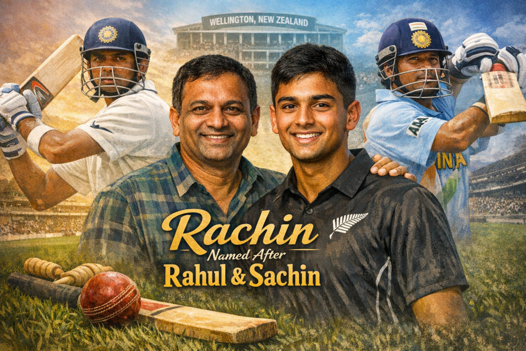 Rachin Ravindra poses with his father Ravi Krishnamurthy in Wellington, New Zealand, symbolizing his cricket journey inspired by Rahul Dravid and Sachin Tendulkar