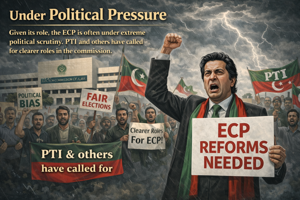 Illustration showing political pressure and public protests surrounding the Election Commission of Pakistan with demands for electoral reforms and clearer institutional roles.