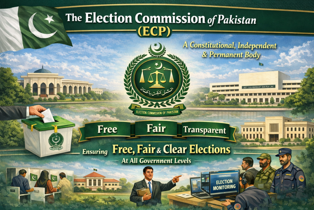 Illustration of the Election Commission of Pakistan (ECP) symbolizing free, fair, and transparent elections with ballot box, monitoring system, and national institutions.