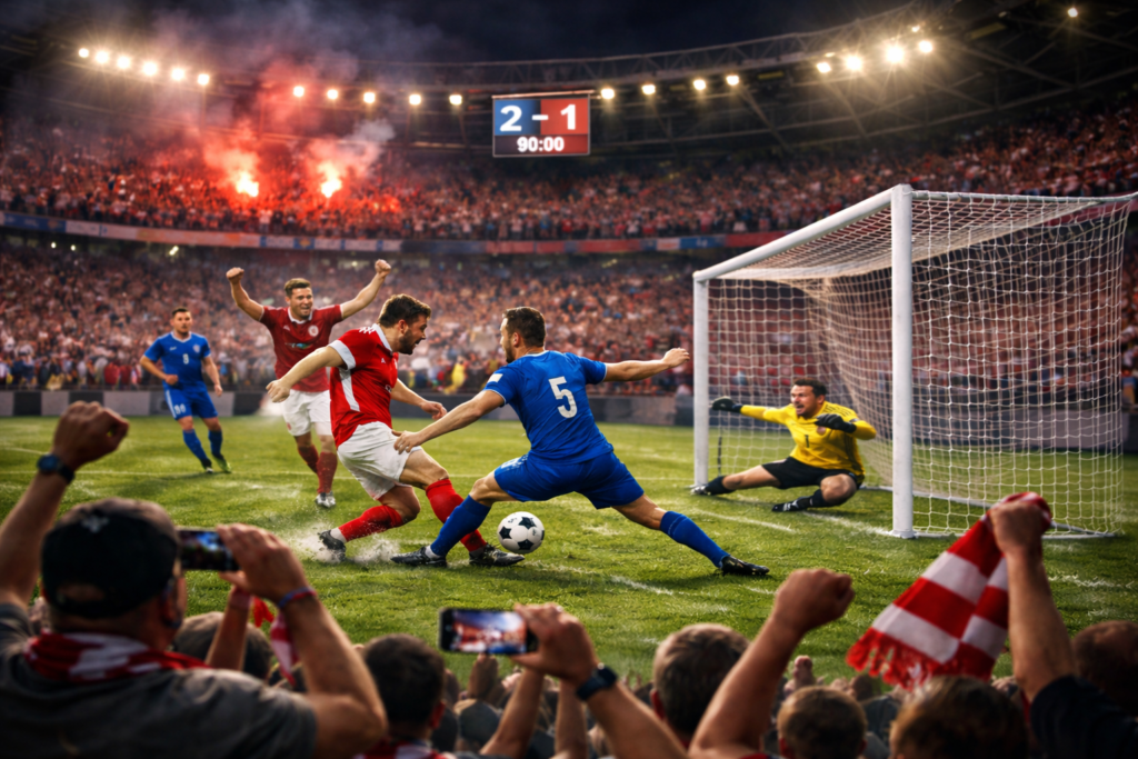 Players battle near goal during a high-intensity football match as defenders block a late shot and the goalkeeper reacts under pressure in a packed stadium.