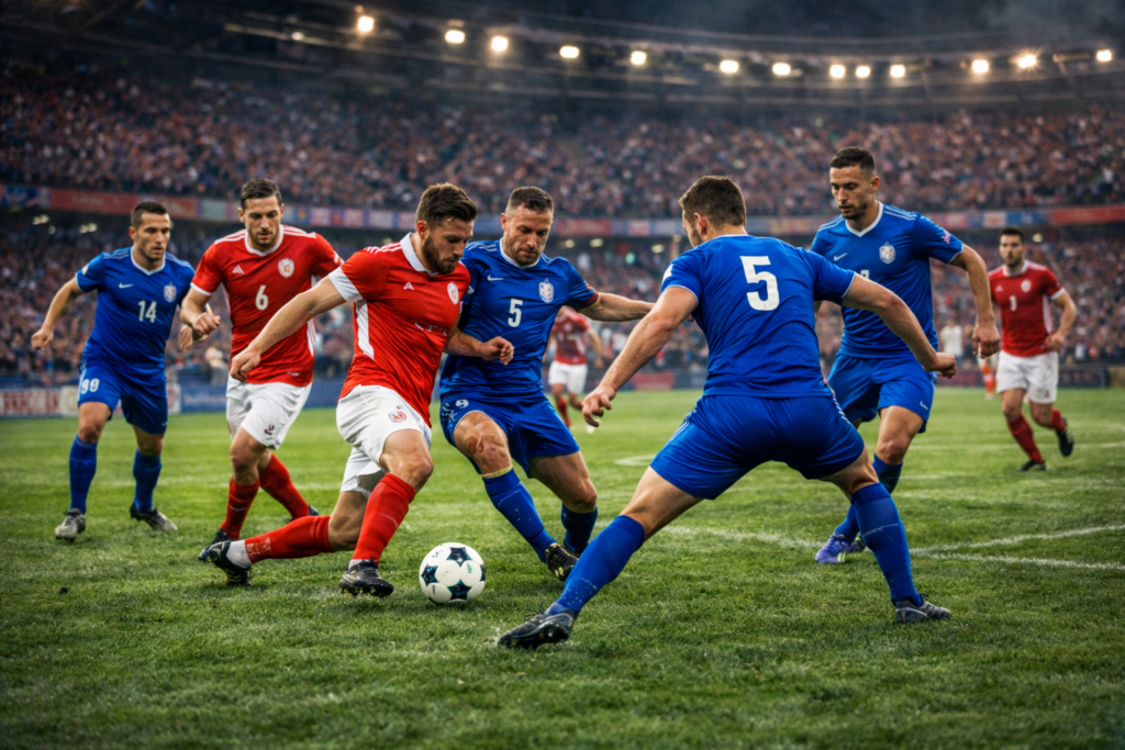 Players from both teams compete aggressively for possession during a fast-paced football match, showing strong pressing and tight midfield control in a packed stadium.