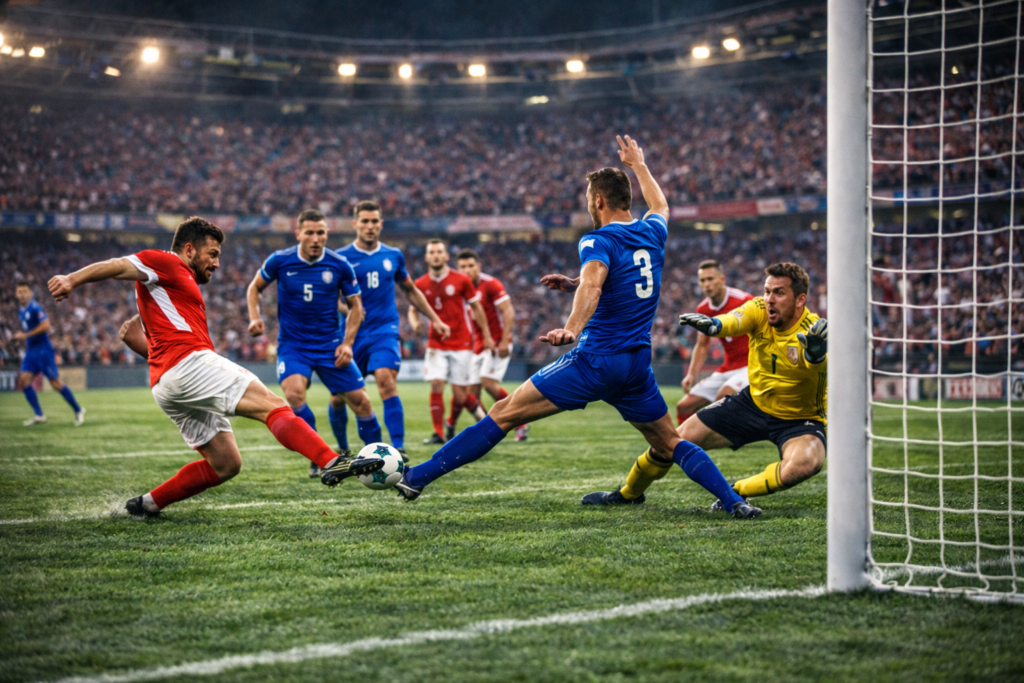 A defender blocks a powerful shot as the goalkeeper reacts quickly during a tense late moment in a high-intensity football match inside a packed stadium.