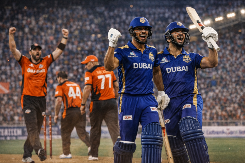 Dubai Capitals batsmen celebrate an aggressive powerplay start against Gulf Giants in an ILT20 match