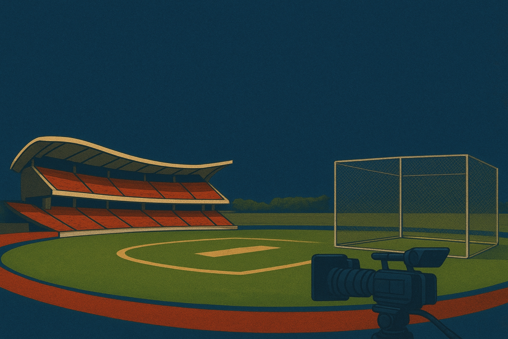 Digital illustration of a cricket stadium with red seating, practice net facility, and a broadcast camera on a field under a dark sky.