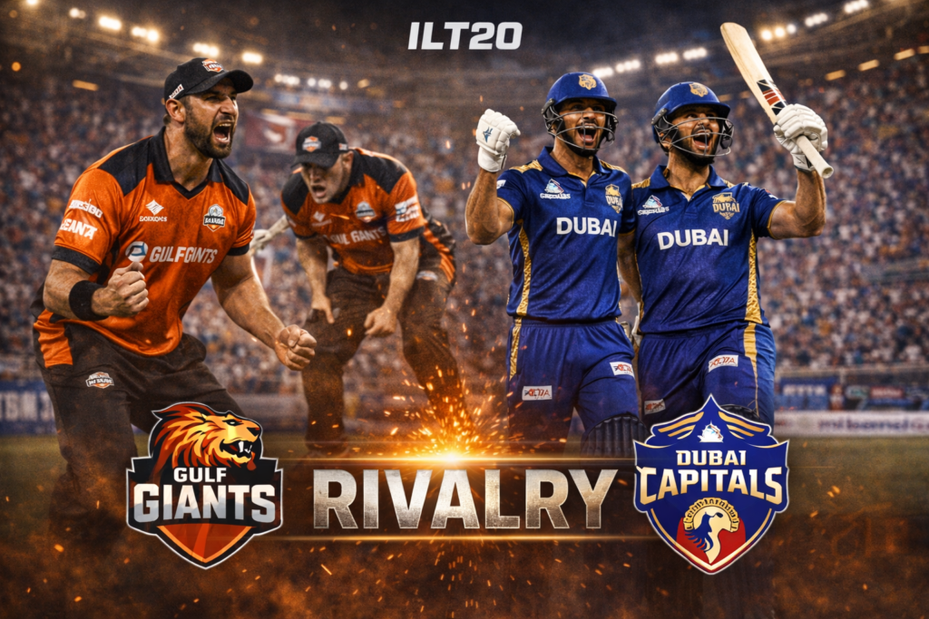 Gulf Giants and Dubai Capitals players face off in a high-intensity ILT20 rivalry match