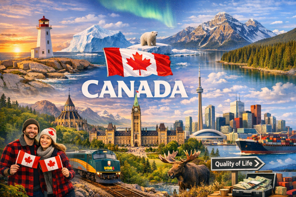 “Canada country overview showing landscapes, cities, culture, wildlife, and quality of life”