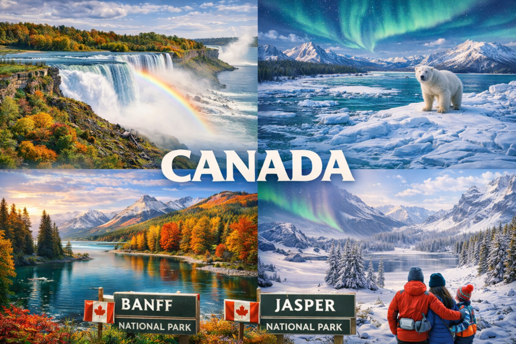 “Canada’s natural landscapes showing Niagara Falls, Banff and Jasper National Parks, Arctic wildlife, and the Northern Lights”