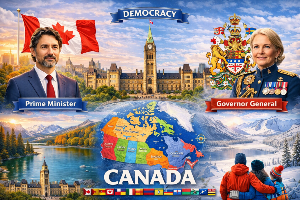 “Illustration of Canada’s democratic system showing the Prime Minister, Governor General, Parliament Building, and map of Canada”