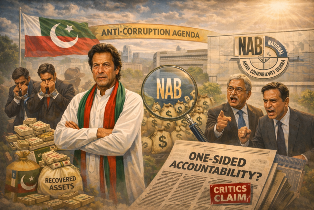 Imran Khan stands at the center of Pakistan’s anti-corruption campaign, with National Accountability Bureau imagery, recovered assets, and critics questioning one-sided accountability.