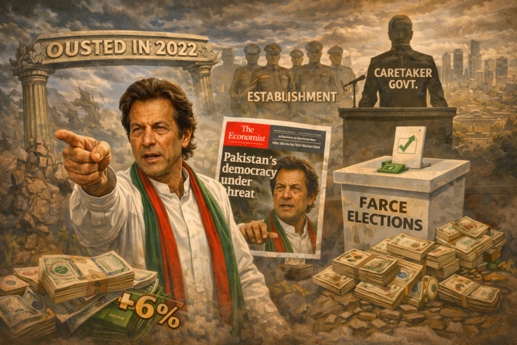 Imran Khan points forward after his 2022 removal, with visuals showing Pakistan’s establishment, caretaker government, disputed elections, and The Economist cover on democracy under threat.