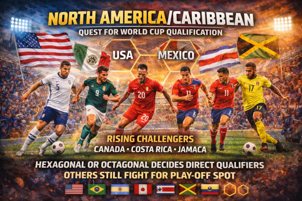 North America and Caribbean World Cup qualifiers showing USA, Mexico, Canada, Costa Rica, and Jamaica competing in FIFA qualification matches.